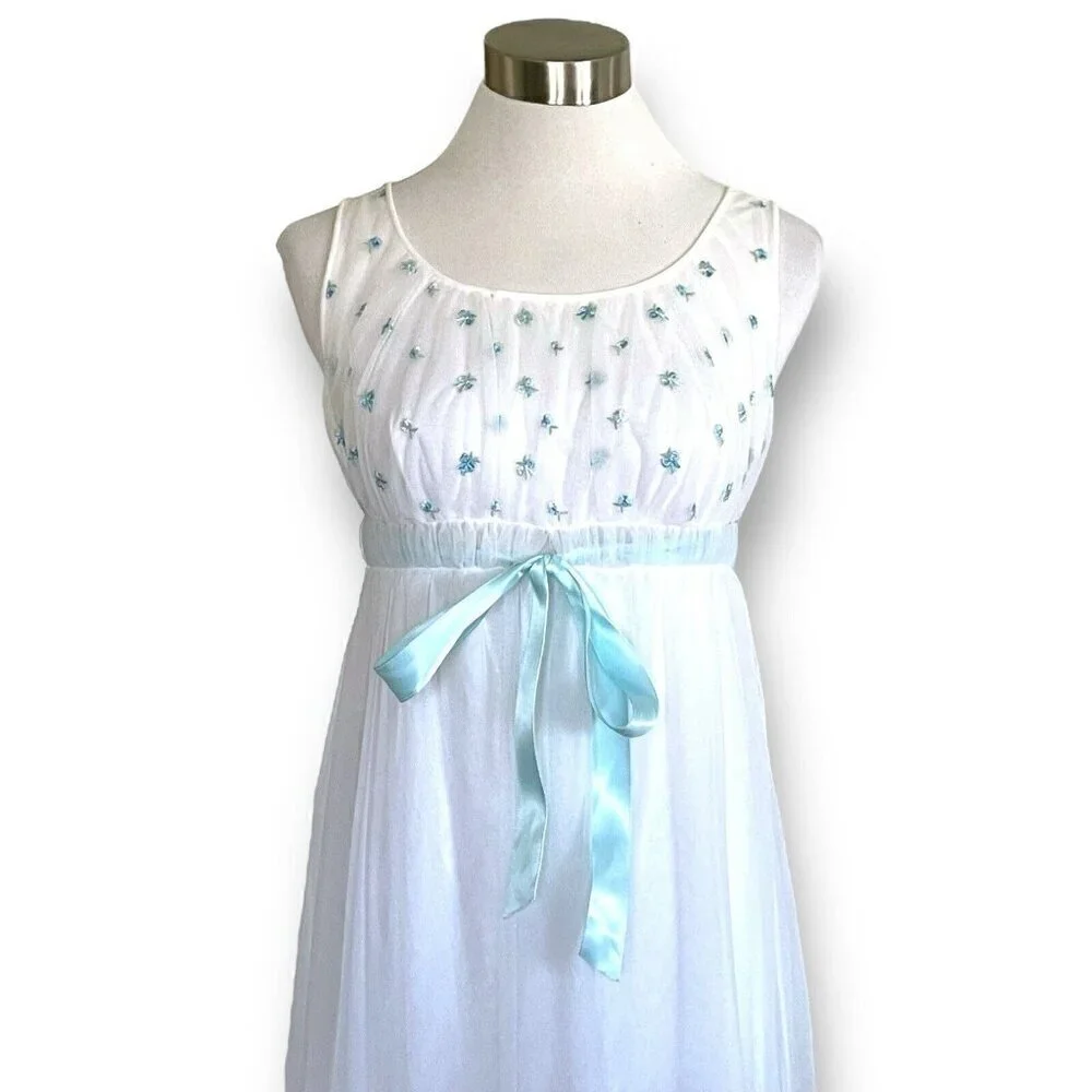 Vintage 1960s Miss Elaine Peignoir Set Sz P Petite White Blue Nylon Robe Gown